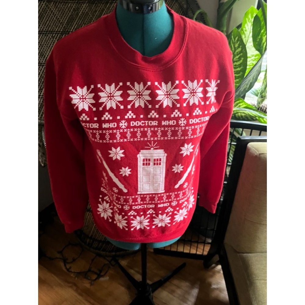 Dr. Who Tardis Red Crew Holiday Sweater by Ripple Junction Small